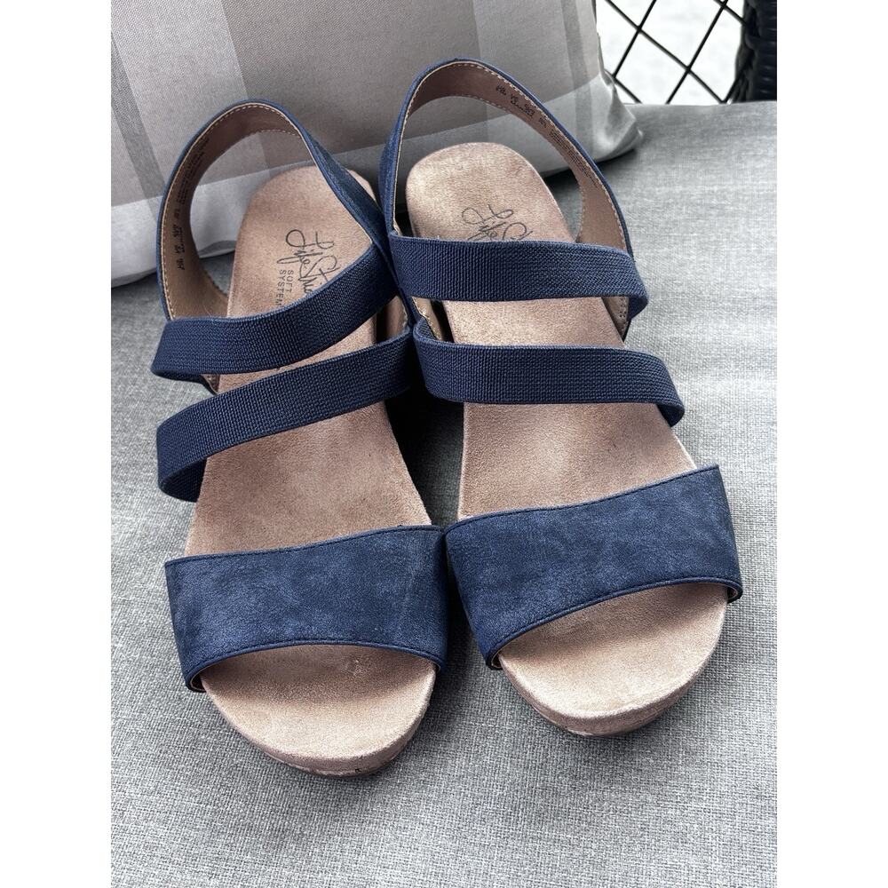 LifeStride Marina Sandals Womens Sz 9.5 Navy Blue Strappy Slingback Cork Wedge - Picture 4 of 5